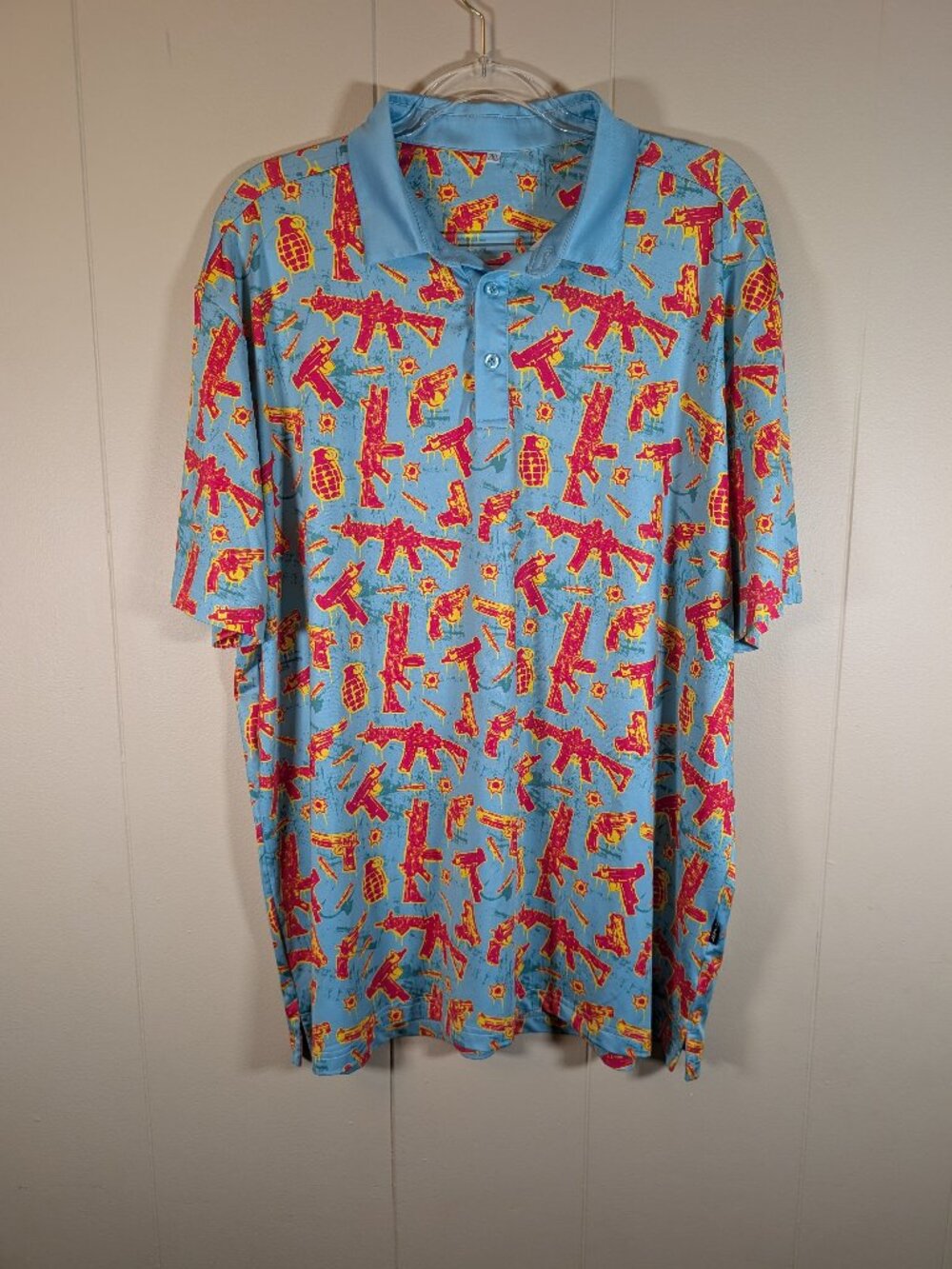 Men’s 2XL Blue Pink Yellow Gun Print Golf Polo Stretch Novelty Tactical